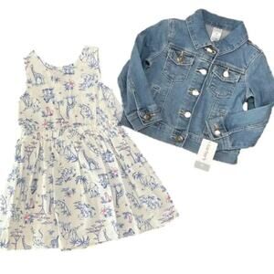 Carter’s Girl's Jean Jacket White Linen Dress Animal Palm Tree 2 Piece 2T NWT
